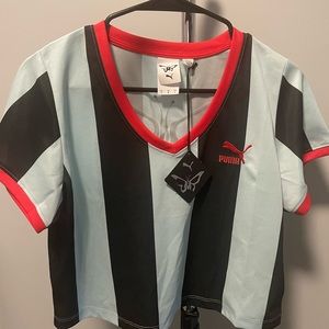 Puma X Dua Lipa Slim Tee Blue/Black stripped Cropped Jersey Women’s Size L New
